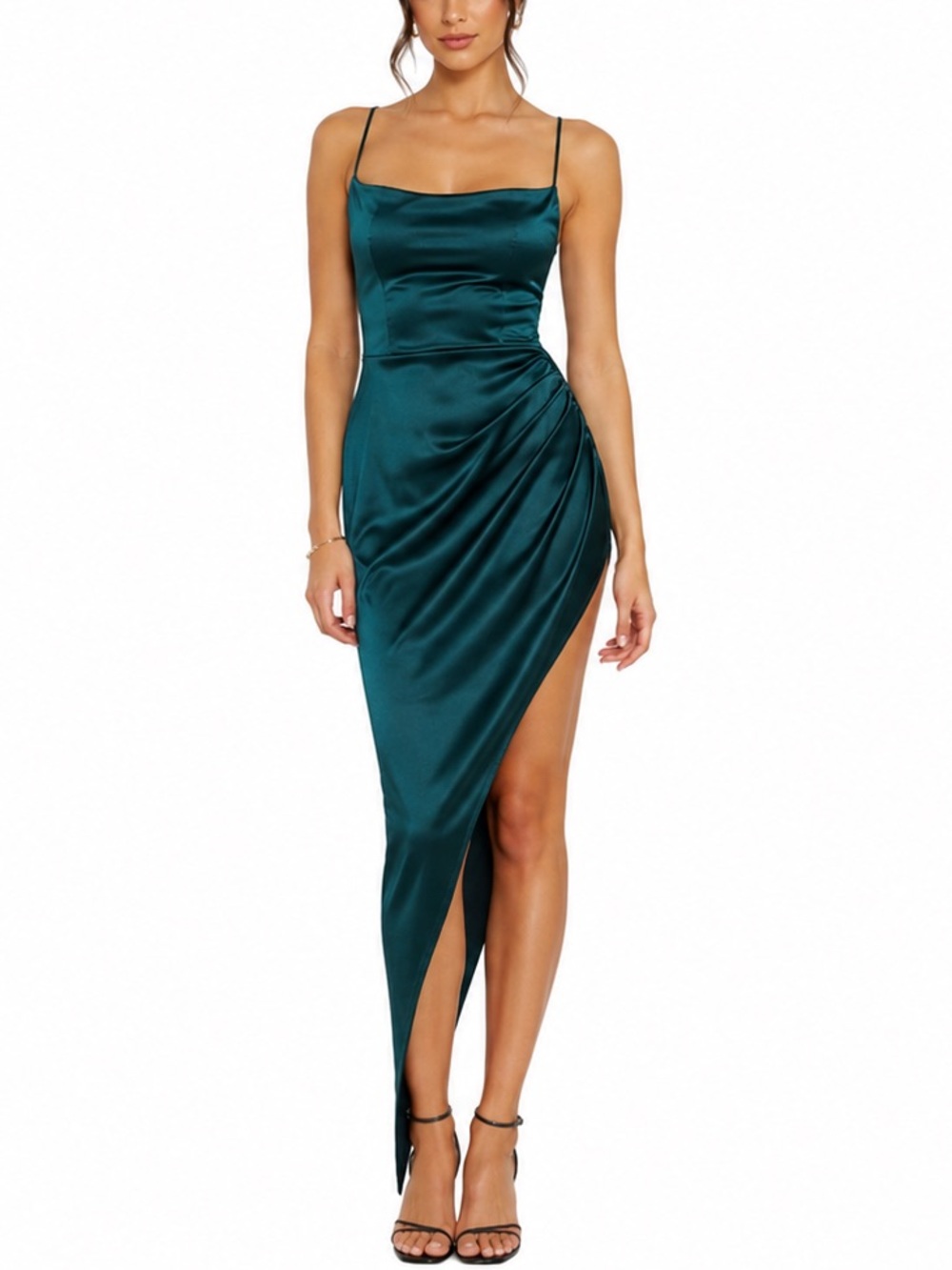 NWT Windsor Reign the Night Satin Midi Dress asymmetrical hunter green Sz L